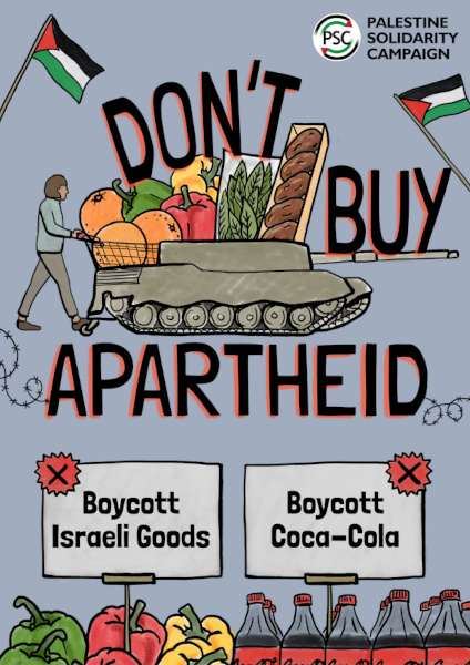 a flyer for don’t buy apartheid that says to boycott coca cola and israeli produce